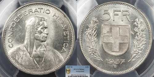 スイス 1937-B 5フラン PCGS MS-64