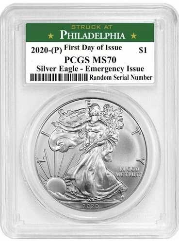 2020年 (P) シルバー アメリカンイーグル $1 エマージェンシー PCGS MS70 フィラデルフィア FDOI 3655