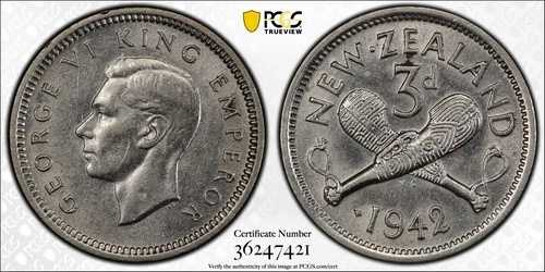 ニュージーランド 1942年 3ペンス 1ドット PCGS AU58 キーデート ヴァリエーション