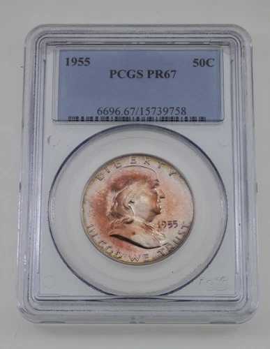 1955年 50セント銀貨フランクリン・ハーフダラー・プルーフ、PCGSでPF67と評価！素晴らしい色調！