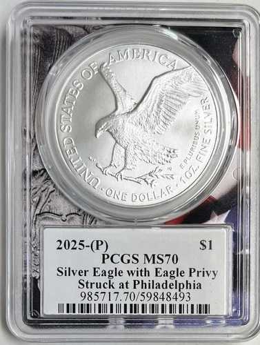 2025-P シルバーイーグル（イーグル・プリビー付き）PCGS MS70 フィラデルフィアで鋳造
