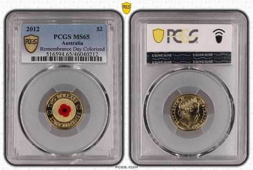オーストラリア 2012年 2ドル 戦没者追悼記念日 カラー化レッドポピー PCGS MS65 #0212