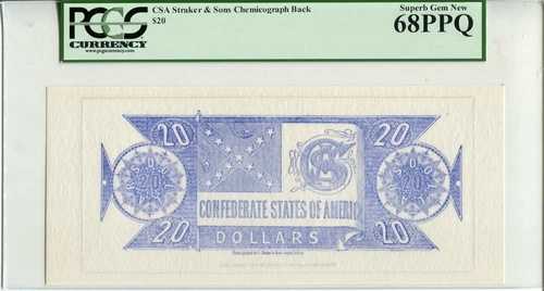 CSA ストレーカー＆サンズ（1864年 20ドル バックプレートプリント）PCGS SUPERB GEM 68PPQ