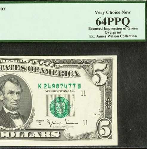 1977A 5ドル連邦準備銀行券 PCGS 64PPQ - 反射印刷オーバープリント - エラー