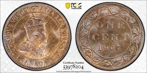 1907 年カナダ ラージ セント PCGS MS64RB ロット#G1621 Choice UNC!