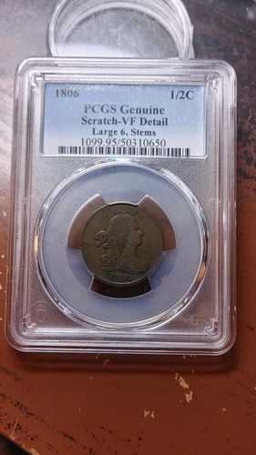 1806年 ドレープバスト ラージ 6ステム ハーフセント PCGS VF 詳細 傷あり 回転済み 4930