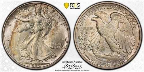 1936年 D ウォーキングリバティ ハーフ PCGS MS 63 ダスティホワイト ほぼフルストライクと