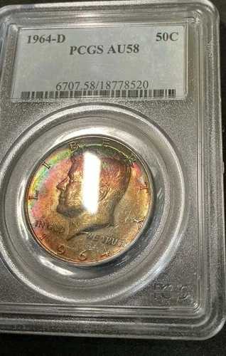 1964年 ケネディ ハーフダラー PCGS AU-58 エレクトリックレインボートーニング