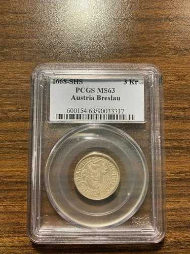 1668-SHS スリー 3 クロイツァー 3Kr PCGS MS 63 オーストリア ブレスラウ
