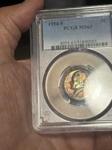 MS63 1954 5C ジェファーソンニッケル、PCGS- 美しいネオンレインボー??トーン。クレイジー