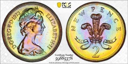PR67BN 1973 イギリス 2 ペニー プルーフ、PCGS - 鮮やかなレインボー トーン TOP POP! 61,710円