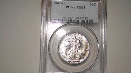 1942-D PCGS MS65 ウォーキング リバティ シルバー ハーフ ドル - ジェム ブラスト ホワイト! 古いホルダー!