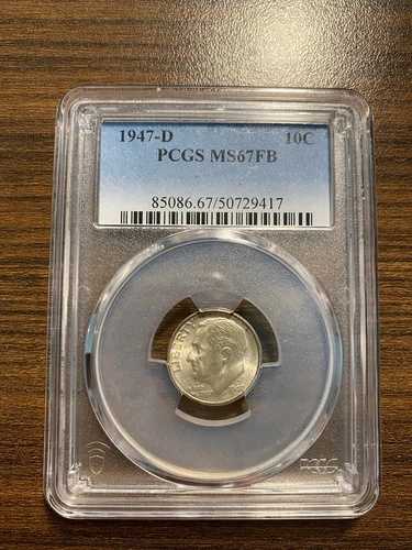 1947-D ルーズベルト シルバーダイム 10セント PCGS MS 67 フルバンドバンド (FB) タイプ1、シルバー