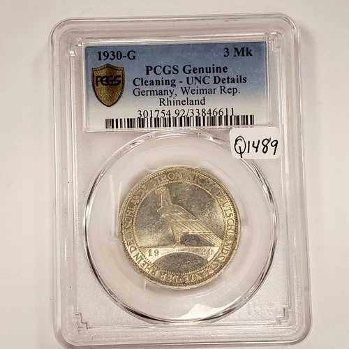 1930-G ドイツ ワイマール 3 マーク .2411 ASW ラインラント - PCGS 純正 UNC 詳細 - Q1489