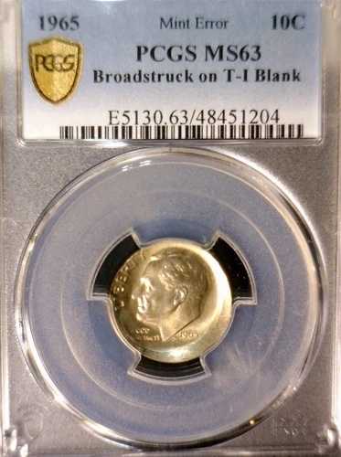1965年 エラー PCGS MS63 オフセンター + ブロードストラック ルーズベルト ダイム ナイス CH BU O/C コイン