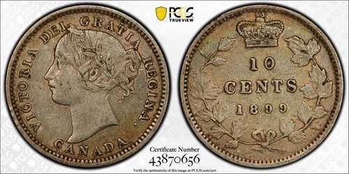 1899 年製小型 9 インチ カナダ 10 セント硬貨、PCGS AU50 ラベルにバラエティが印字されています。