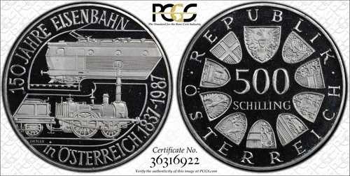 1987年 オーストリア 鉄道150周年記念 シルバー 500シリング プルーフコイン PCGS PR69 DCAM 61,710円