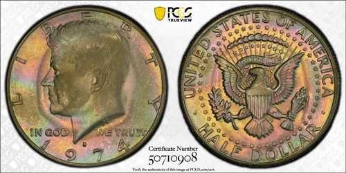 MS66 1974-D 50セント ケネディ ハーフダラー、PCGS トゥルービュー - レインボーエンベロープトーン
