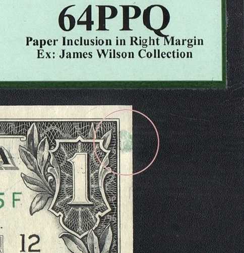 1977A $1エラー、右余白に紙の封入、PCGS 64 PPQ Very Choice New