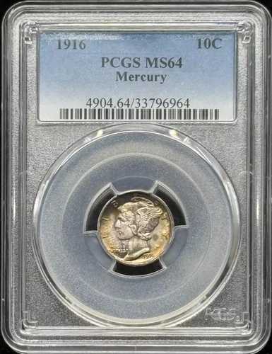 1916年製マーキュリーダイム PCGS MS-64 レインボートーン