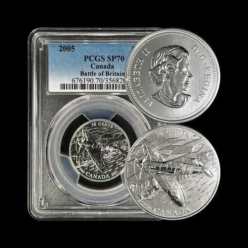 カナダ。2005年、50セント、銀貨 - PCGS SP70 - トップポップ?? バトル・オブ・ブリテン、飛行機