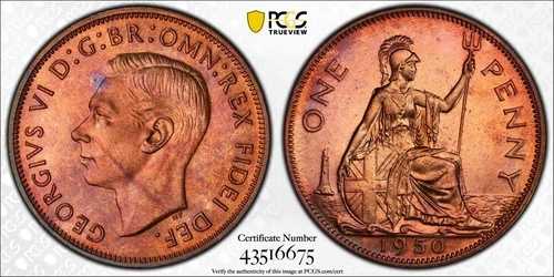 英国 - グレートブリテン、プルーフ 1D 1ペニー 1950 PCGS PR 65 RB ( 10 ) 、希少