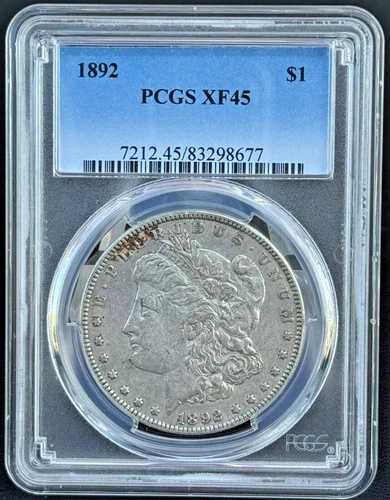 1892年 P $1 モルガン銀貨 PCGS XF 45、セミキーデートコイン