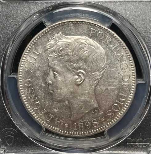 スペイン 1898年 5ペセタ S.G. V. PCGS AU58~ 外観 UNC~ アルフォンソ13世、KM-707~ ZB-44