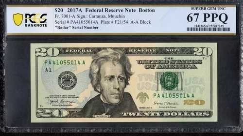 $20 2017-A FRN カラーライズド RADAR 410-55-014 ハイグレード PCGS スーパーブジェム Unc 67PPQ