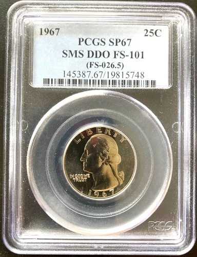 1967年 SMS ワシントン クォーター DDO FS-101、PCGS グレード SP67、証明書番号 19815748