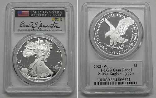 2021-W アメリカンシルバーイーグル タイプ2 - PCGS ジェムプルーフ、エミリー・ダムストラ直筆サイン入り #9524
