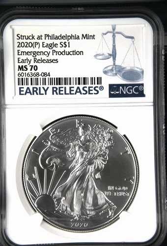 2020年 (P) シルバーイーグル、PCGS MS 70、緊急発行、早期リリース