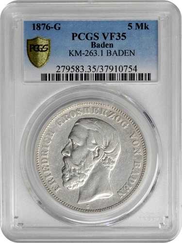ドイツ バーデン 1876-G. 5マーク PCGS VF-35. KM-263.