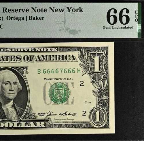 1985年 1ドル連邦準備銀行券 PMG 66EPQ ファンシーニアソリッド シリアル番号 66667666