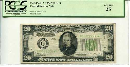 Fr 2054-G* STAR 1934 $20 連邦準備銀行 25 非常に良好 - ライトグリーンシール