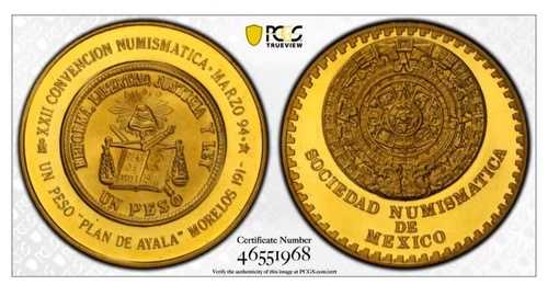メキシコ 1オンス 真鍮 1994年 第22回国際貨幣会議 NGC MS68 トップポップ 61,710円