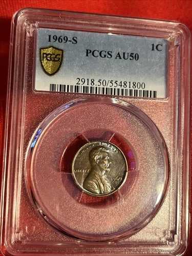 1969-S PCGS AU50 リンカーン セント、美しい色、希少 S 新品、ブルーラベル