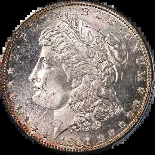 1881-S モルガン銀貨 PCGS MS65 素晴らしい光沢 強い打痕