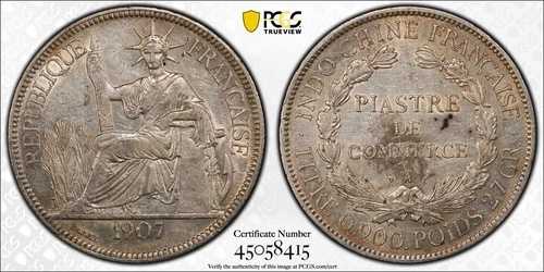 F072 フランス領インドシナ 1907-A ピアストレ Lec-290 PCGS 正規品 AU 詳細