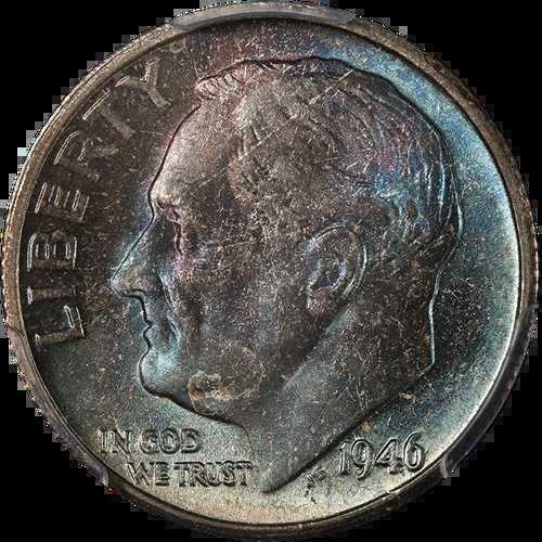 1946-S ルーズベルト ダイム ブルー/パープル トーニング PCGS MS67 FB 素晴らしい外観