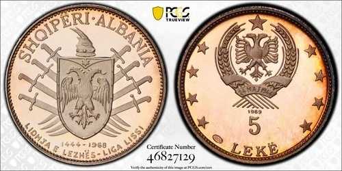 1969年 アルバニア 5 Lek? (Leke) PCGS PR66DCAM KM 49.2 *最高級品* *トーン加工済み*