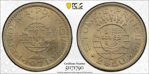 1971 セント トーマス & プリンス [ポルトガル] 2.5 エスクード、PCGS SP66 (PROVA) エッサイ