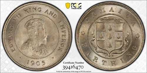 イギリス領ジャマイカ、1905年エドワード7世ファージング。PCGS MS 65。発行枚数192,000枚。