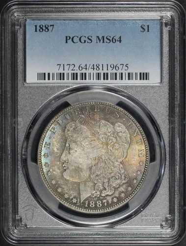 1887 年モルガン ダラー PCGS MS-64 - 強いブルーとサンセットの色合いの表面の色調!