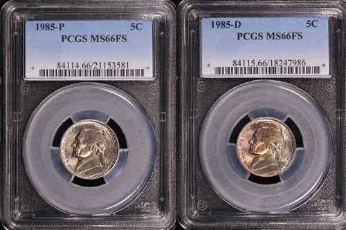1985-D & P ジェファーソン ニッケル 2 コイン セット PCGS MS-66 FS - より高いグレードのものは非常に少ないです!