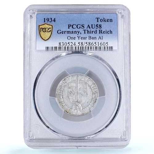 ドイツ第三帝国 ヒトラー NSDAP 1年間の禁止 1933 AU 58 PCGS Alトークン 1934