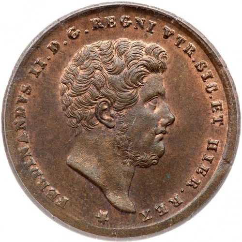 1853年 イタリア諸州、ナポリとシチリア、2 Tornesi、PCGS MS 64 RB、KM 327