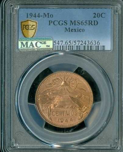 1944 年 メキシコ 20 センターボ PCGS MS65 レッド マック 2ND 最高級登録 & スポットレス。