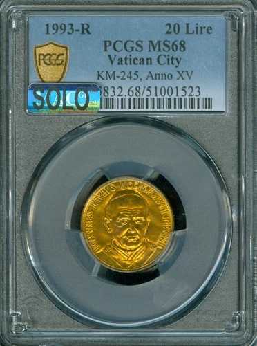 1993 R バチカン市国 20 リラ 教皇ヨハネ・パウロ2世 ANO XV PCGS MS68 MAC SOLO 最高級
