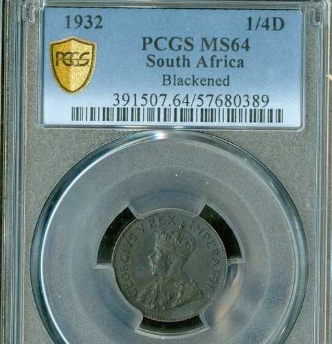1932年 南アフリカ ファージング PCGS MS64 ブラックニング。